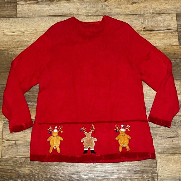 Quacker Factory 1X Christmas Knit Red Cardigan Sweater Full Zip Reindeer Beaded - Picture 4 of 7